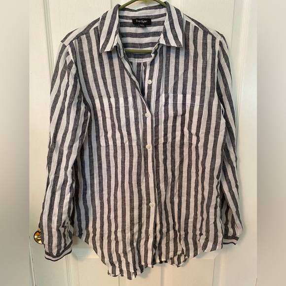 Lord&Taylor 100% Linen Striped Oversized Button Down Blouse - Picture 1 of 7
